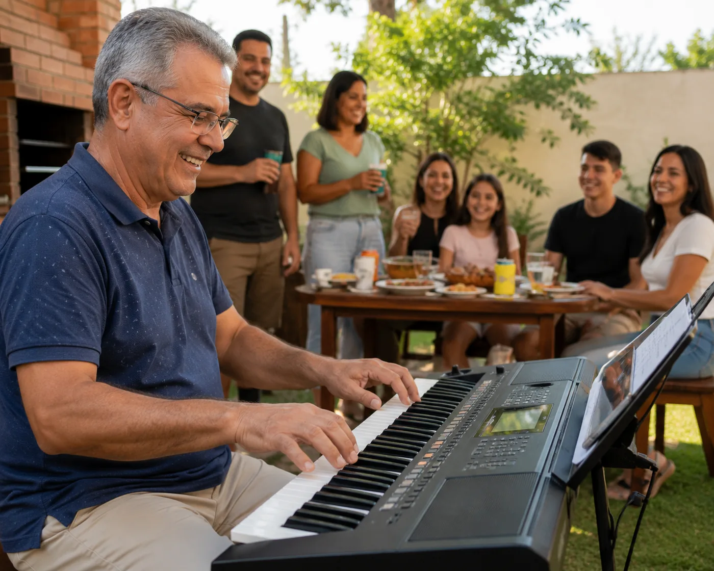 Homem tocando teclado no churrasco