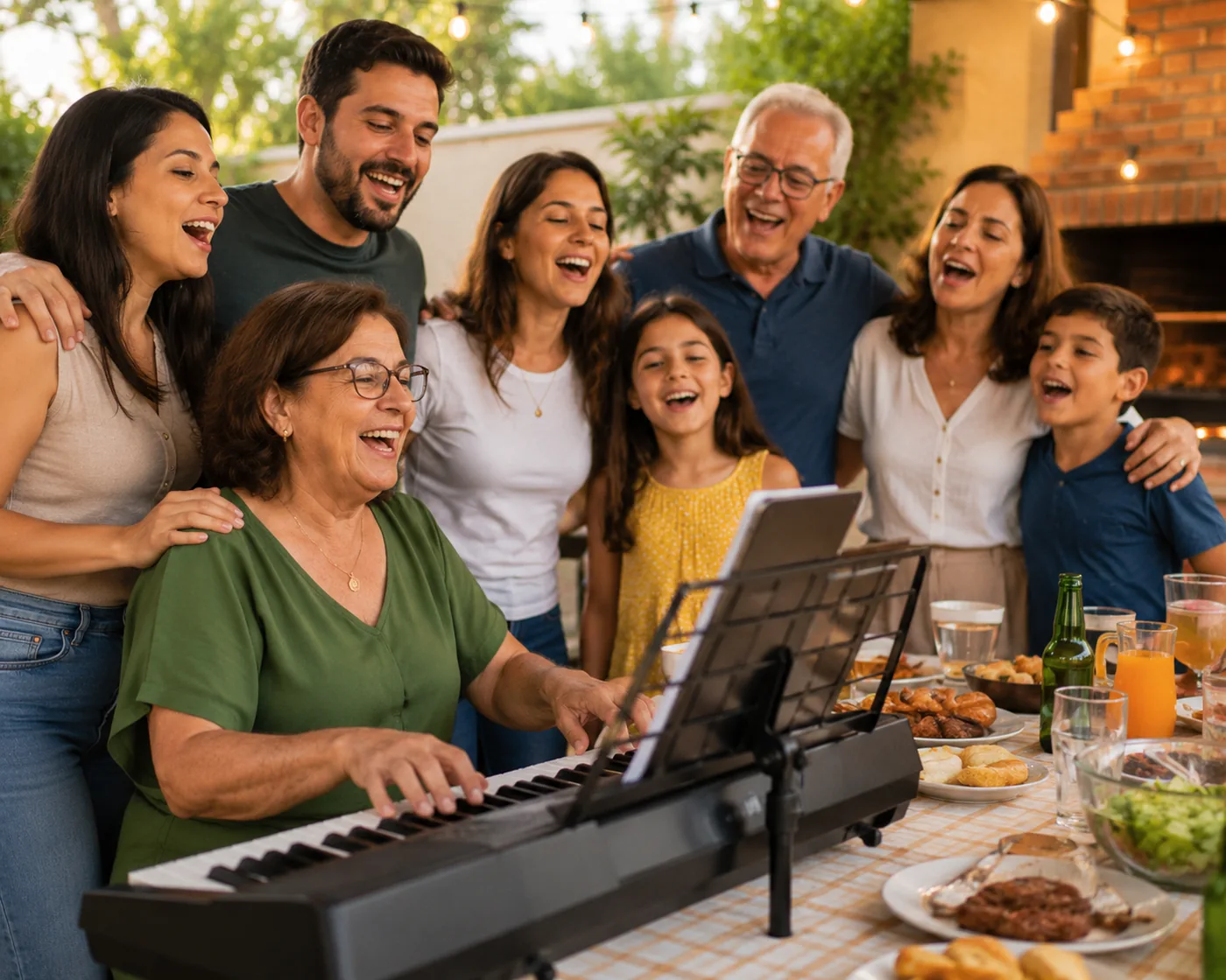 Família cantando ao redor do teclado